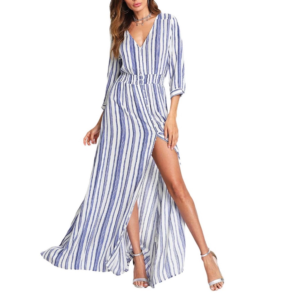 Button Up Split Flowy 3/4 Sleeves Maxi Dress - Picture 4 of 6